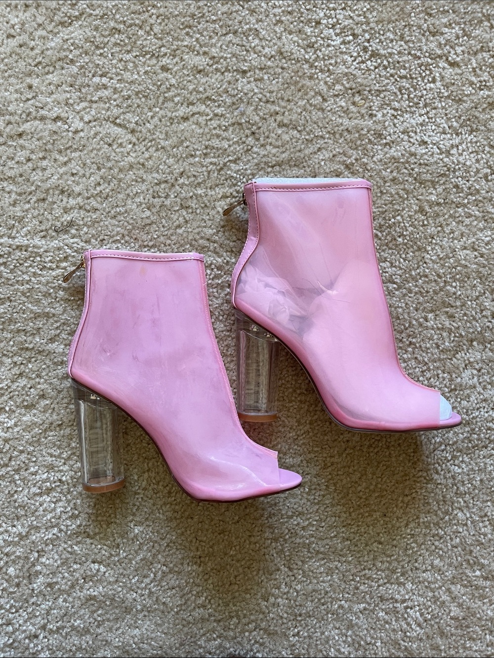 NEW! Pink Peep-Toe Clear Heel Ankle Boots